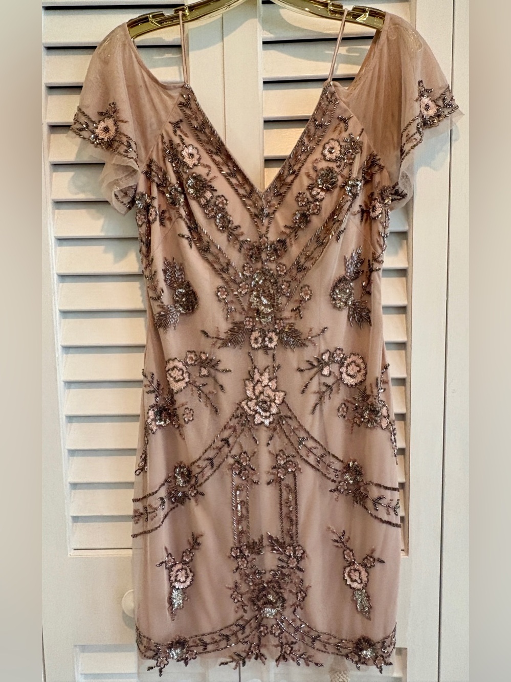 Aidan Mattox Dress Beaded Gatsby Cocktail Nude Champagne Floral Sequin Mesh 4